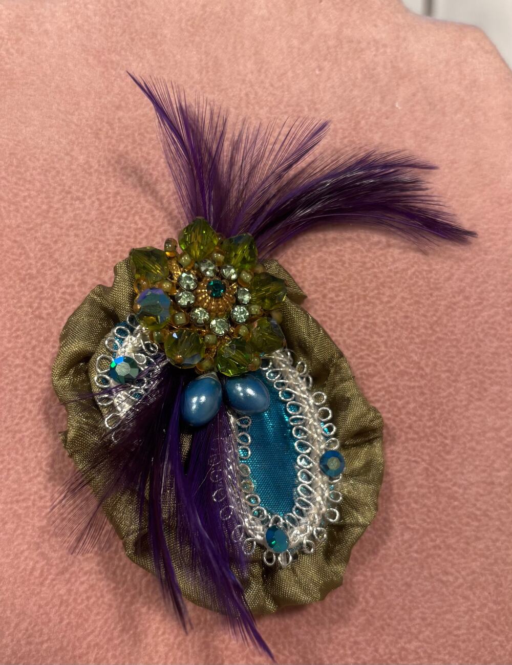 Vintage Mixed Media Brooch Pearls Feathers 3.5" x 3" Green Purple Blue Metallic